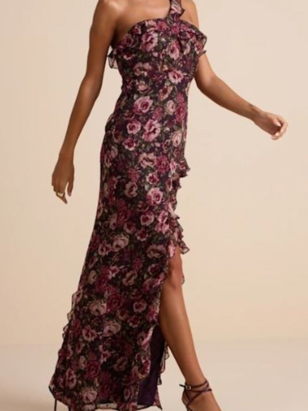 NWT Lulus Bonelle Plum Floral Metallic Clip Dot Ruffled Maxi Dress M